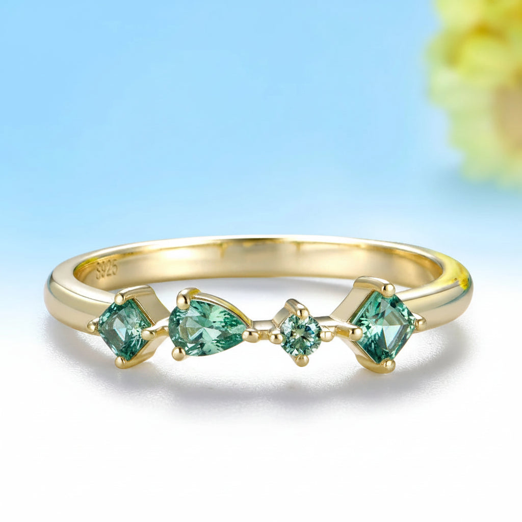 Aquarelle Cyan Moissanite Band Ring – stacked with other bands