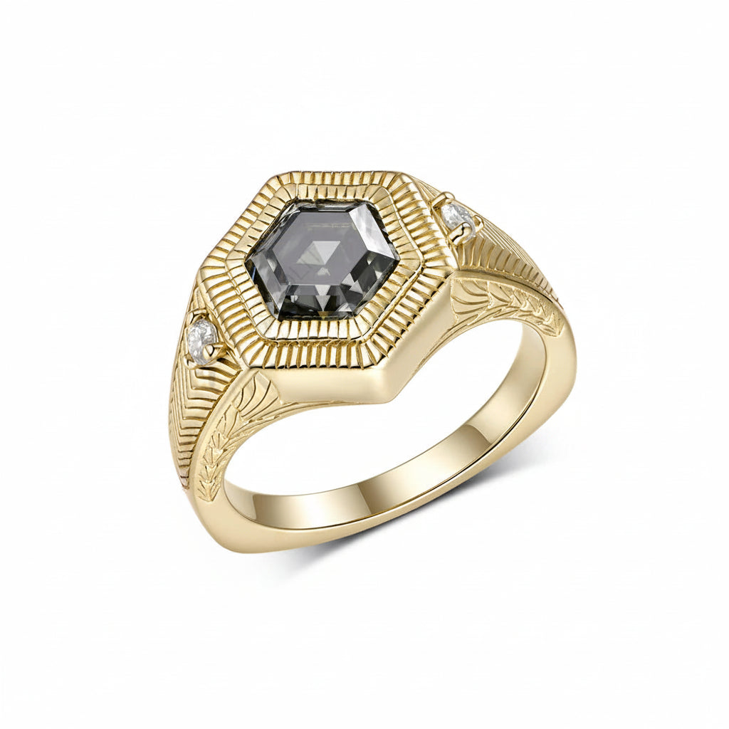 Nocturne Grey Hexagon Moissanite Ring – top view of hexagon stone