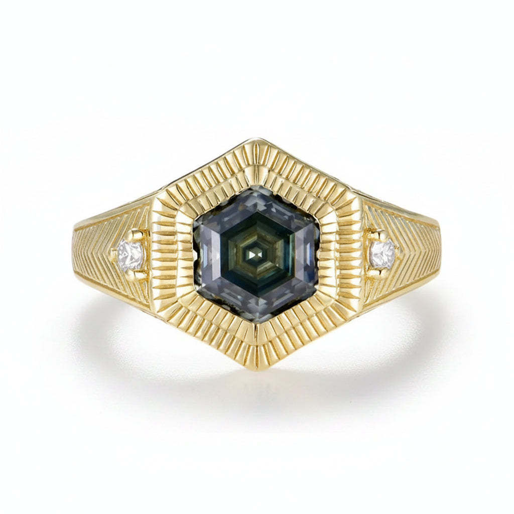 Nocturne Grey Hexagon Moissanite Ring – grey hexagon moissanite in solid gold by Lunara