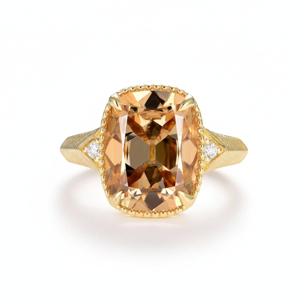 Coussin Champagne 7CT OMC Moissanite Ring – 7CT champagne old mine cut moissanite in solid gold by Lunara