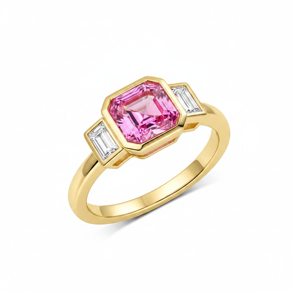 Fleur Rose Pink Sapphire Moissanite Ring – top view of pink sapphire