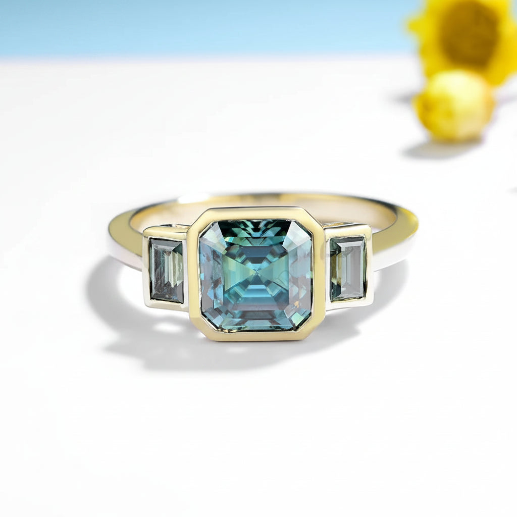 Asscher Cyan Moissanite Ring – yellow gold option