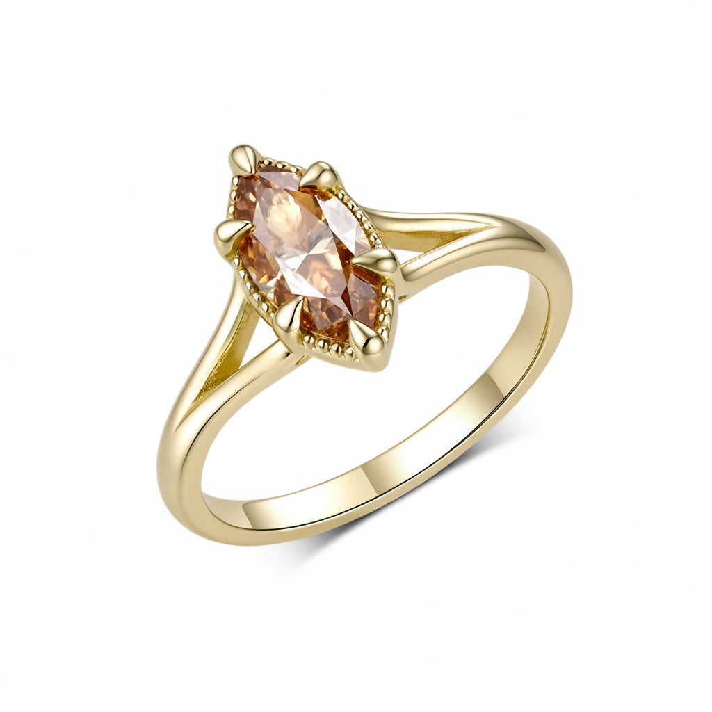 Marquise Champagne 1CT Moissanite Ring – top view of warm-toned marquise