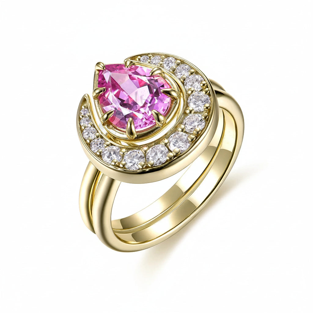 Rosace Pink Sapphire Set Ring – top view of pink sapphire trio