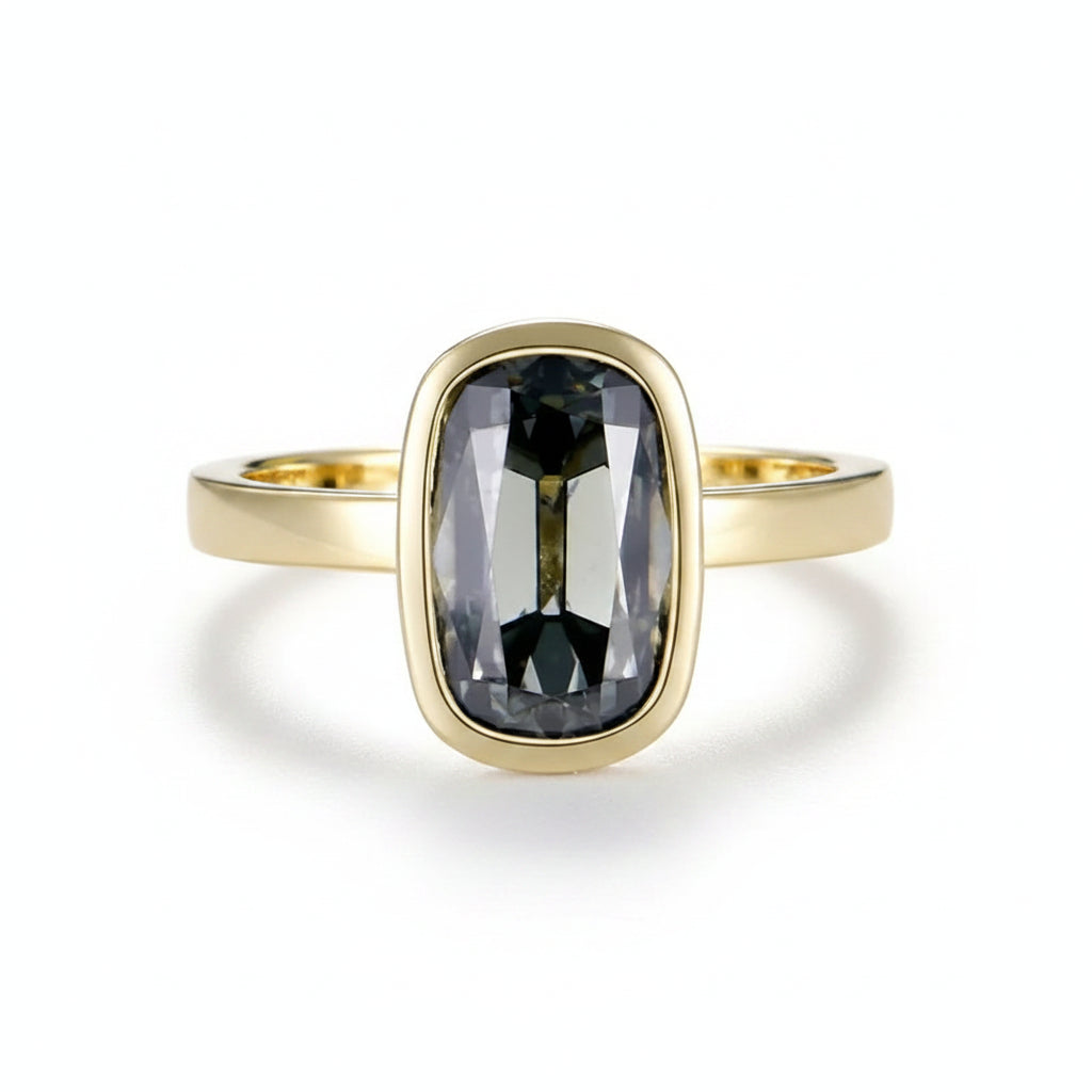 Velours Gris Cushion Moissanite Ring – grey old mine cut cushion moissanite in solid gold by Lunara