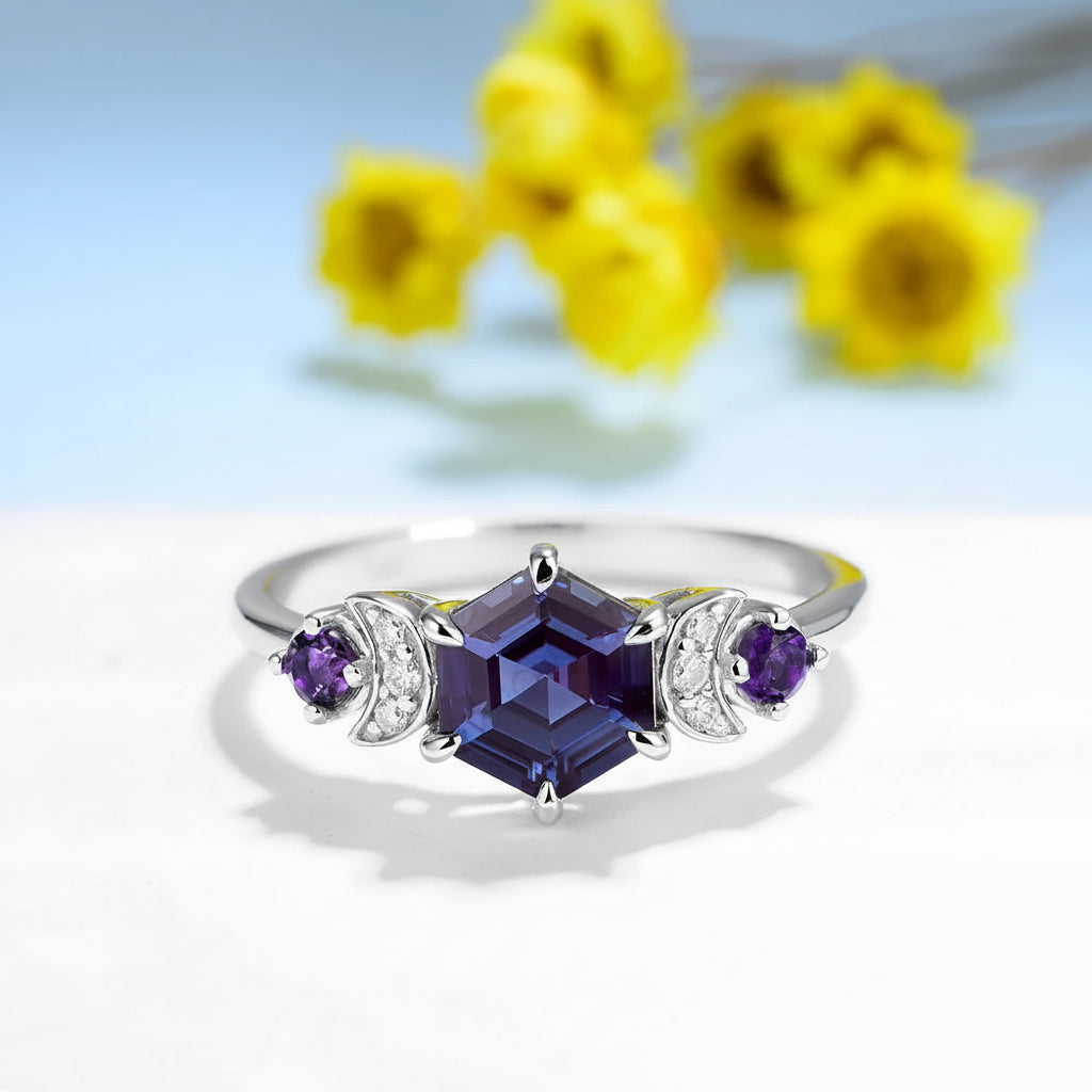 Hexagone Alexandrite Moissanite Ring – white gold setting