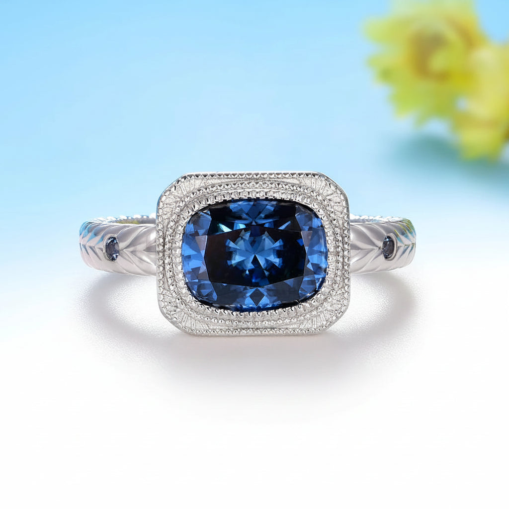 Coussin Bleu Moissanite Ring – worn on hand