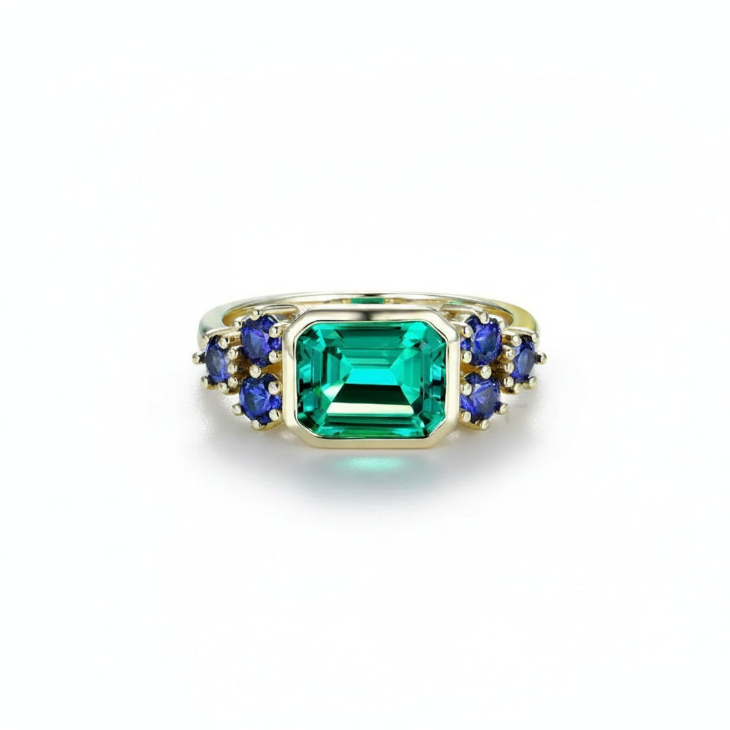 Trilogie 3CT Moissanite Emerald Sapphire Ring – three-stone moissanite emerald sapphire ring in solid gold by Lunara