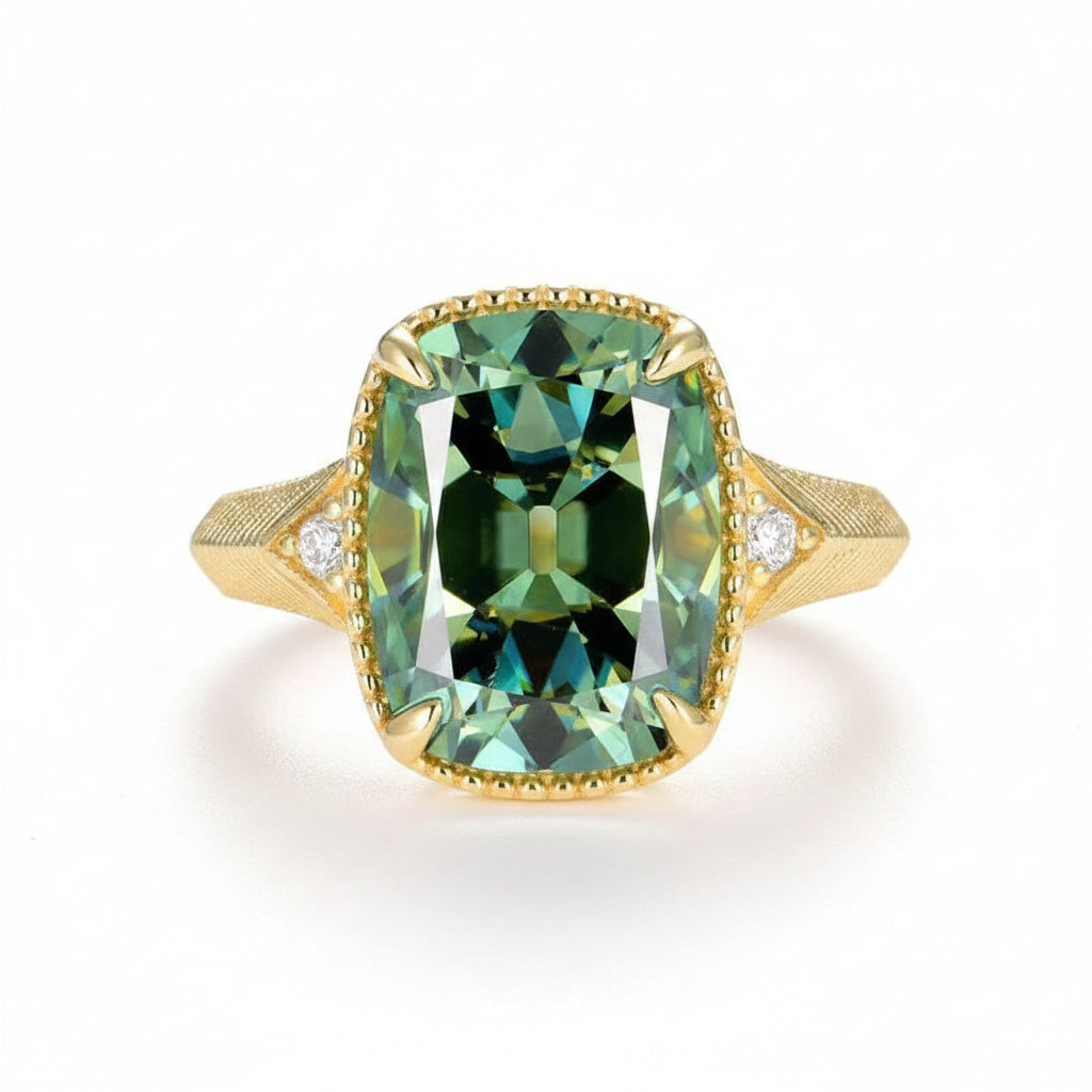 Cyan Cushion 7CT OMC Moissanite Ring – 7CT cyan old mine cut moissanite in solid gold by Lunara