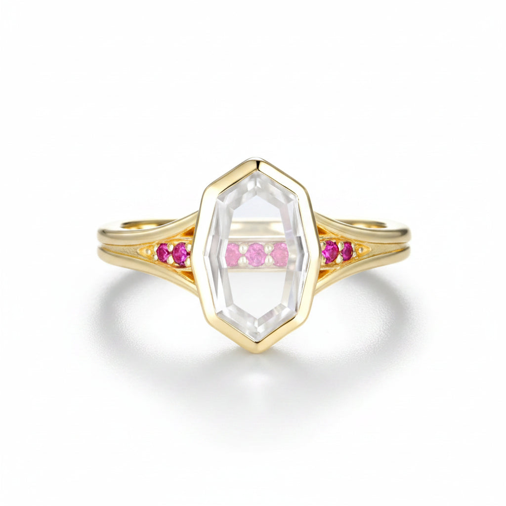 Portrait Ruby Moissanite Ring – rhombus moissanite and ruby portrait ring in solid gold by Lunara