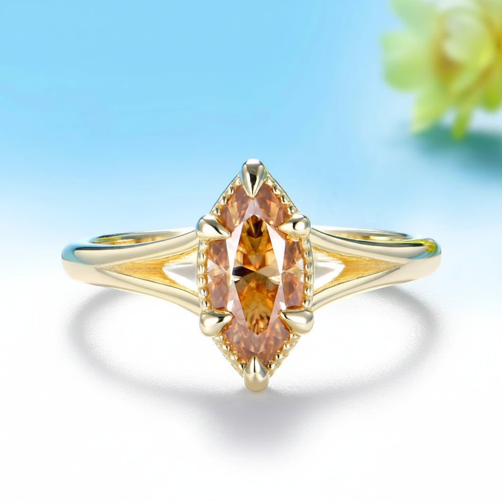 Marquise Champagne 1CT Moissanite Ring – yellow gold setting