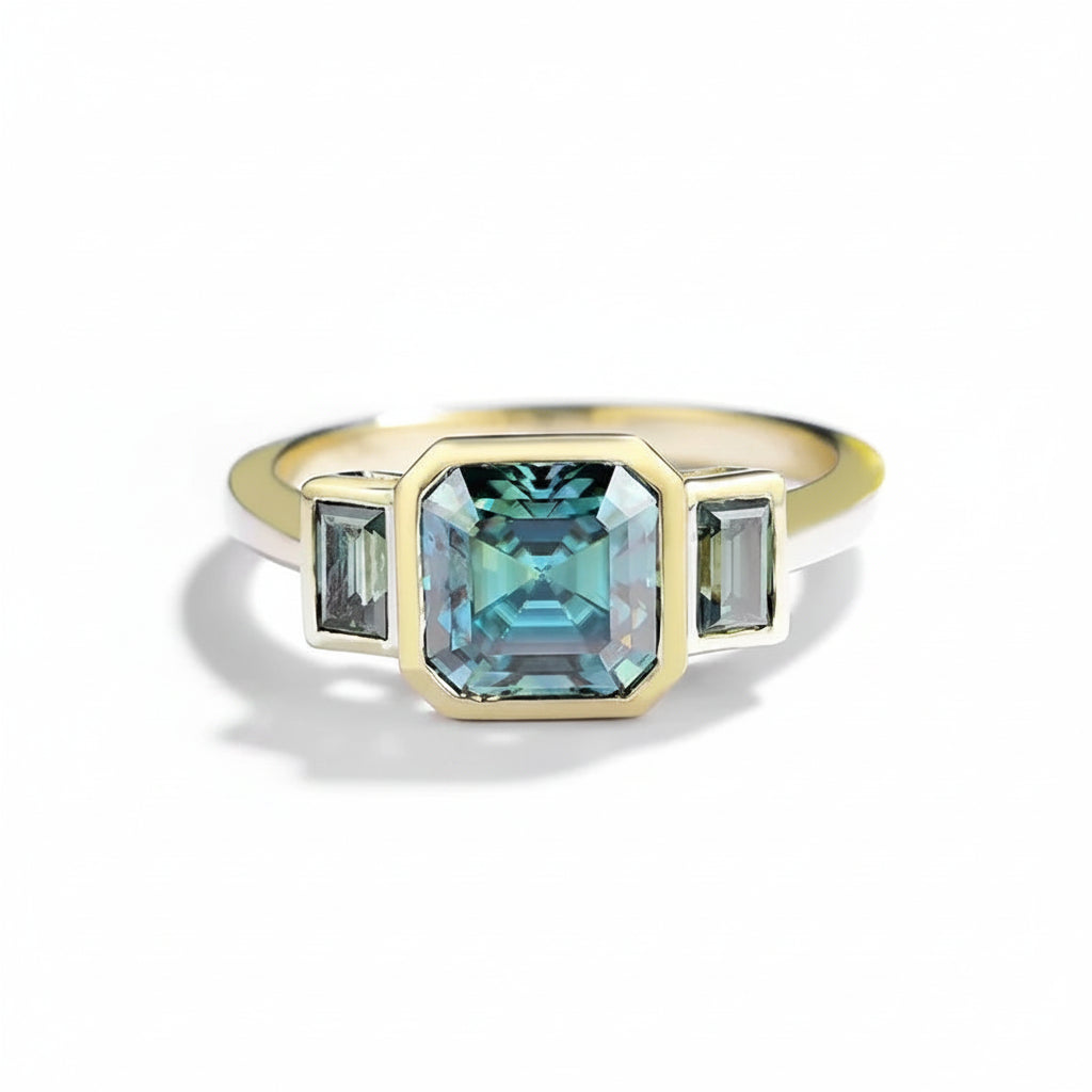 Asscher Cyan Moissanite Ring – cyan asscher cut moissanite in solid gold by Lunara