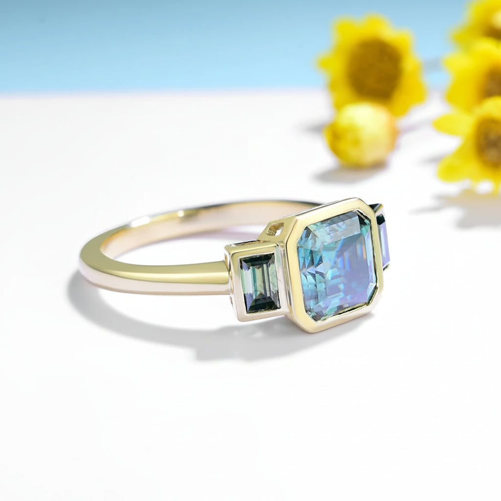 Asscher Cyan Moissanite Ring – worn on hand