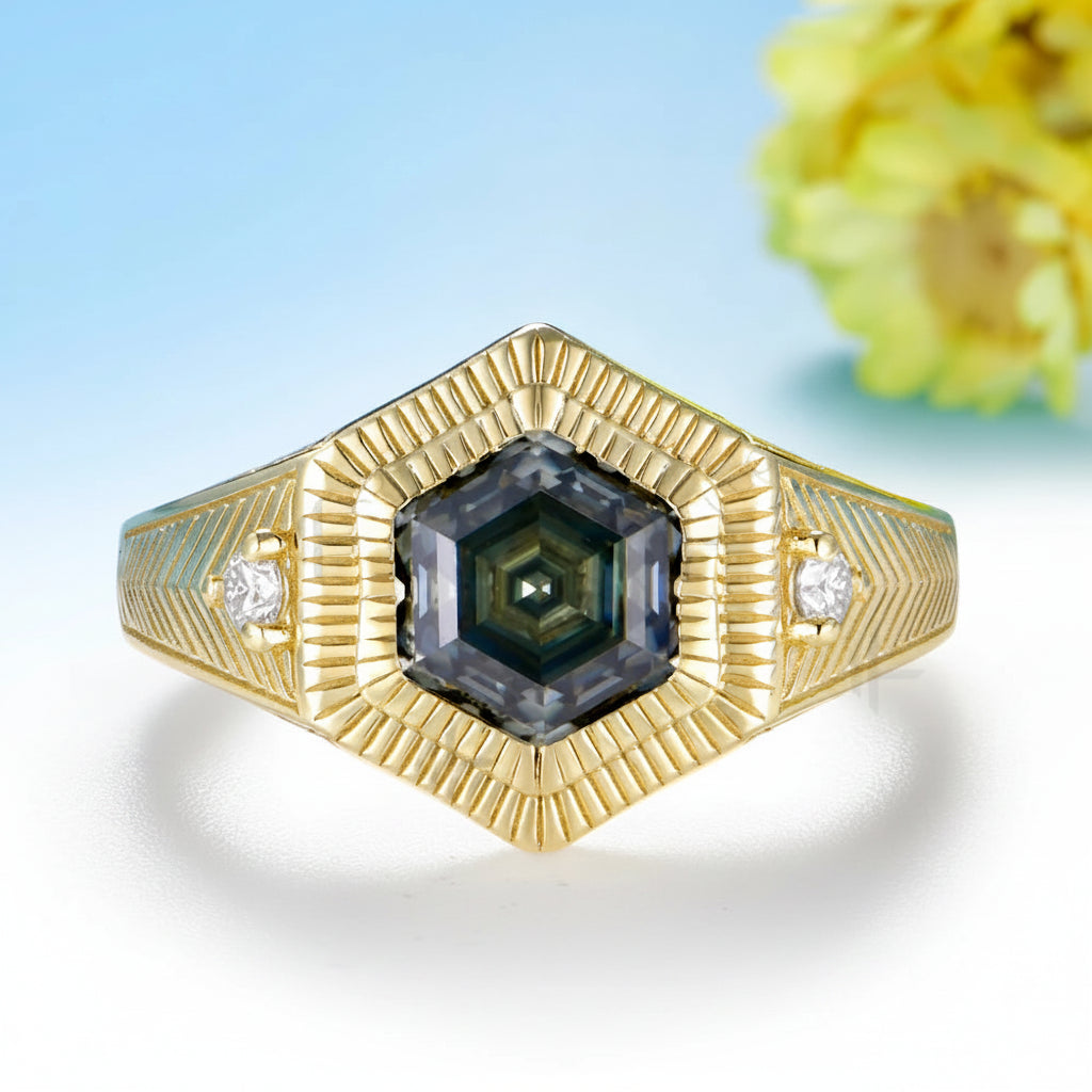 Nocturne Grey Hexagon Moissanite Ring – yellow gold option