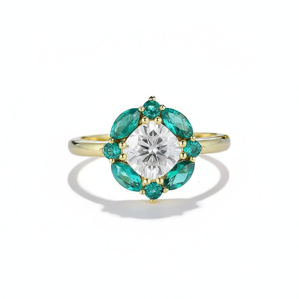 Jardin Émeraude Moissanite Ring – emerald cut lab emerald and moissanite ring in solid gold by Lunara