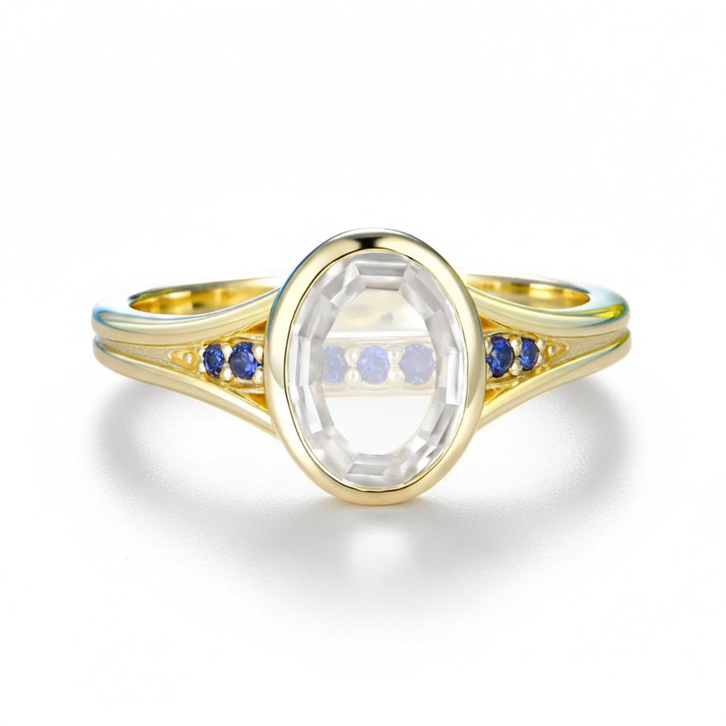 Velours Portrait Moissanite Sapphire Ring – moissanite and sapphire portrait cut ring in solid gold by Lunara