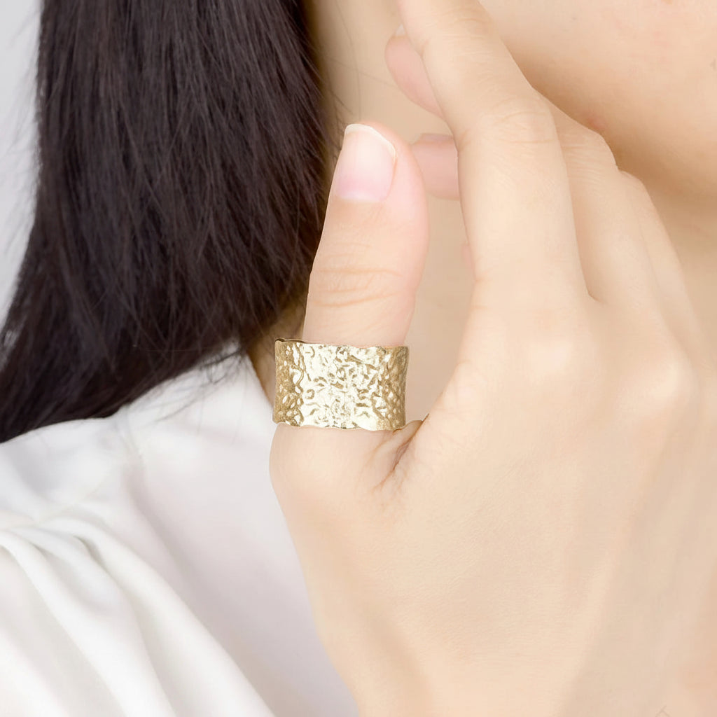 Martelé Hammered Gold Band Ring – stacked as wedding band