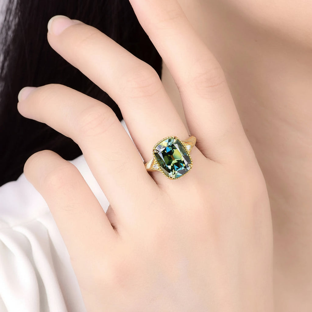 Cyan Cushion 7CT OMC Moissanite Ring – candlelight fire close-up