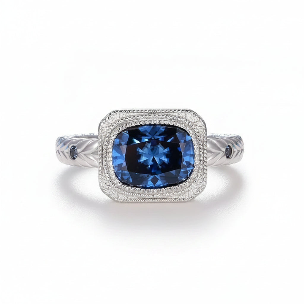 Coussin Bleu Moissanite Ring – blue cushion cut moissanite in solid gold by Lunara