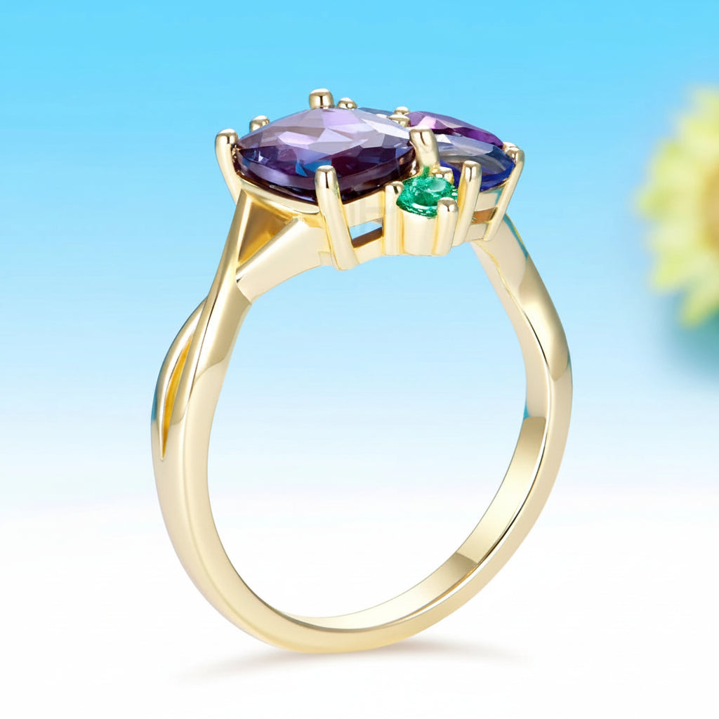 Mystique Alexandrite Cushion Ring – violet tone under candlelight