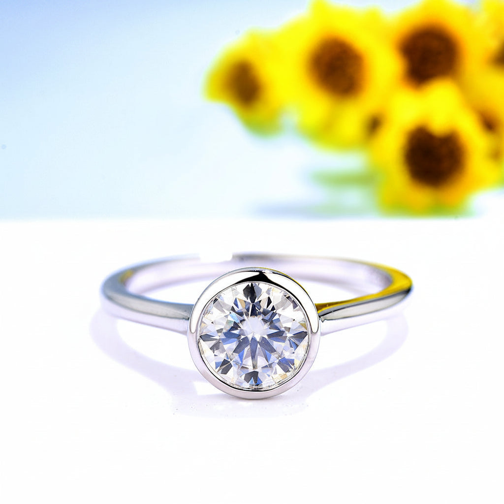 Clarté Bezel Moissanite Ring – worn on hand