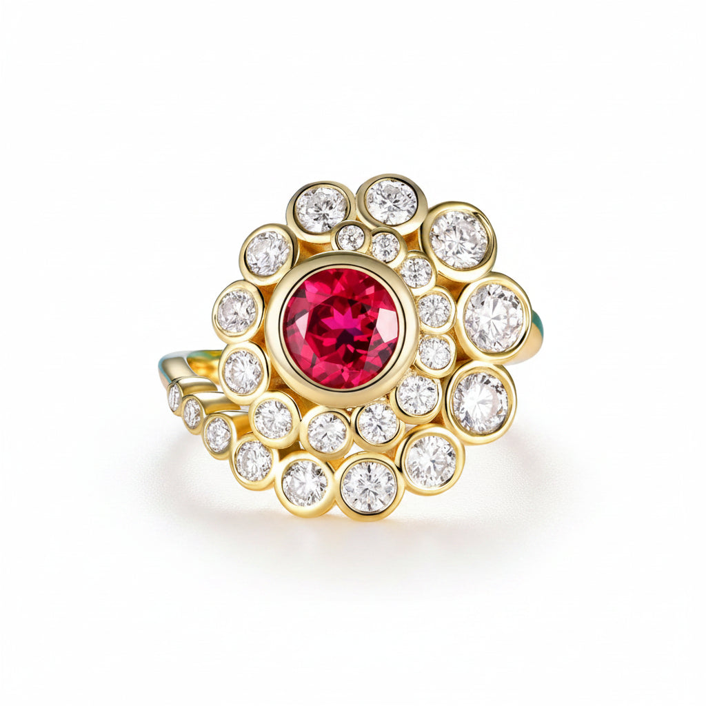 Flamme Ruby Spiral Ring – lab-grown ruby and moissanite spiral ring in solid gold by Lunara