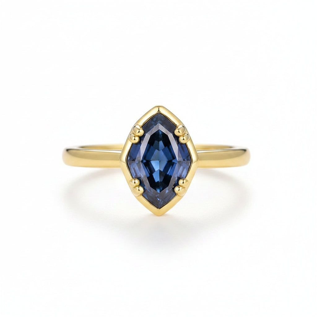 Olive Bleu Moissanite Ring – teal blue moissanite olive cut ring in solid gold by Lunara
