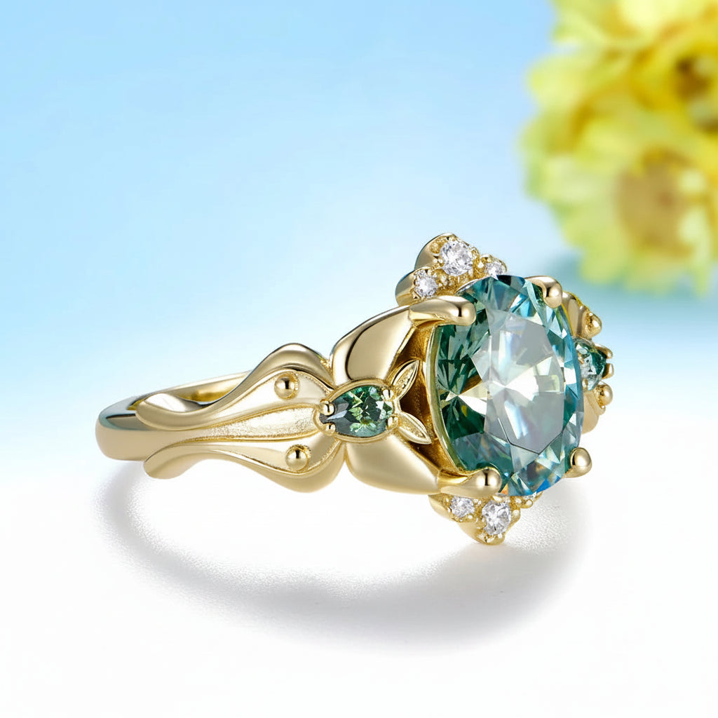 Vague Ovale 2CT Cyan Moissanite Ring