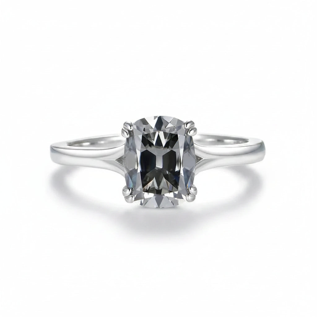 Velours Gris 3CT OMC Cushion Moissanite Ring – 3CT grey OMC cushion moissanite in solid gold by Lunara