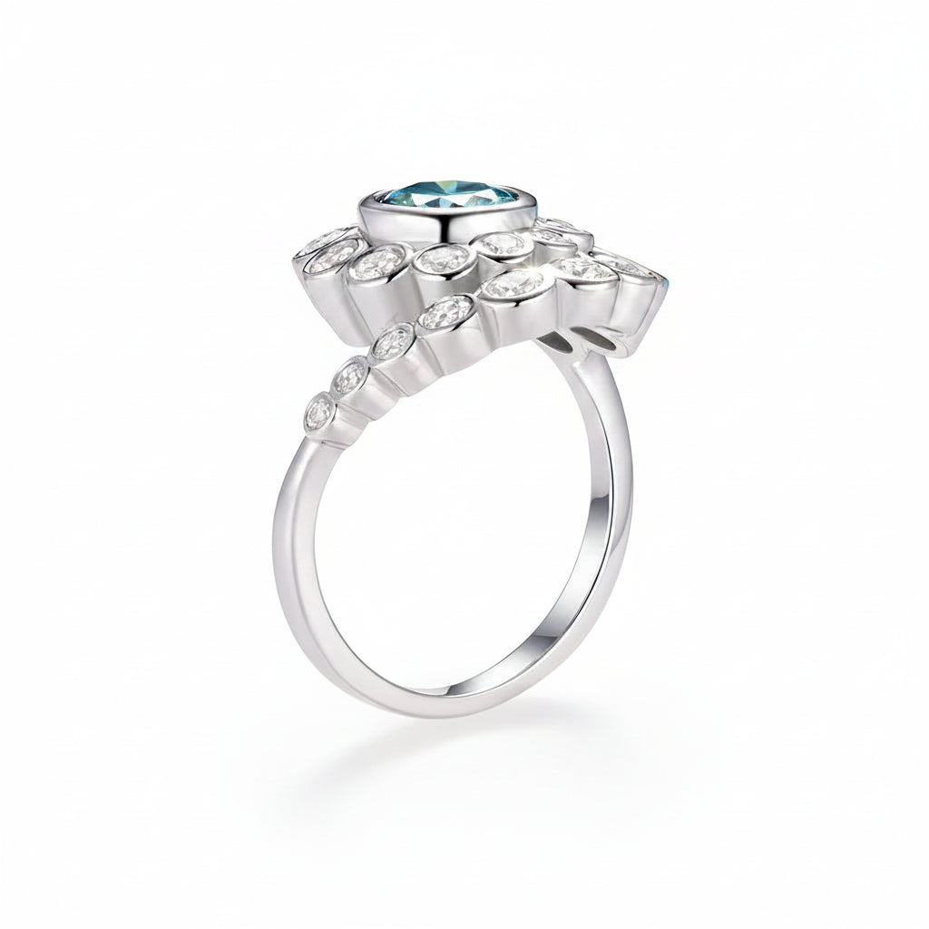 Vague Cyan Moissanite Spiral Ring – top view of spiral setting
