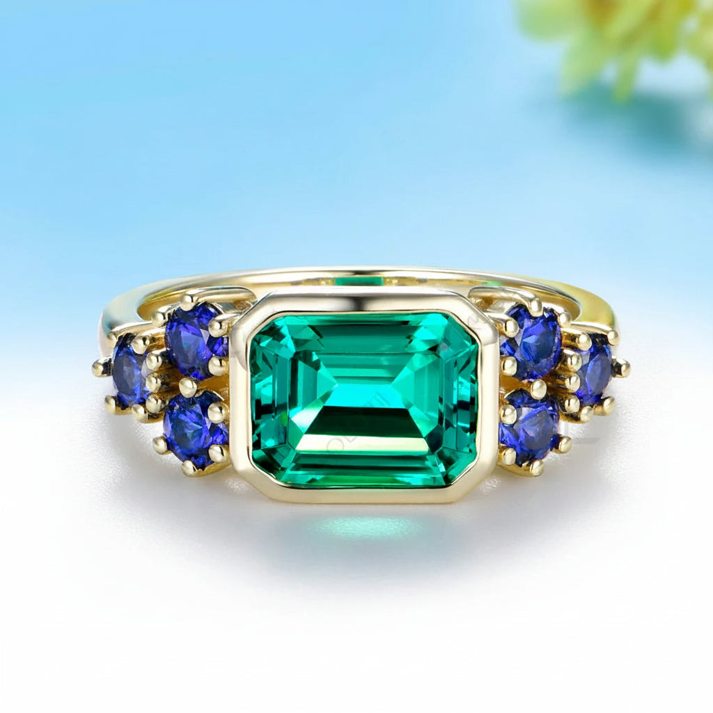 Trilogie Moissanite Emerald Sapphire Ring – yellow gold setting