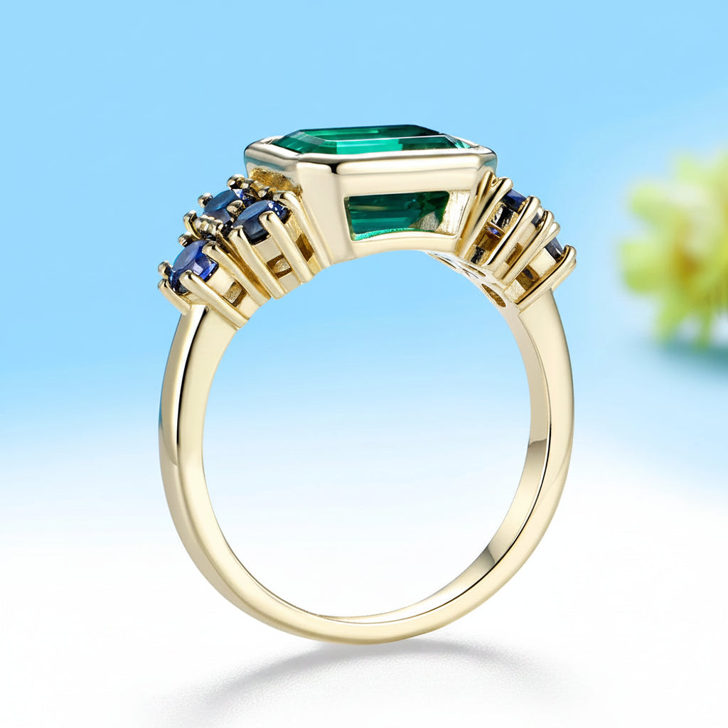 Trilogie Moissanite Emerald Sapphire Ring – worn on hand