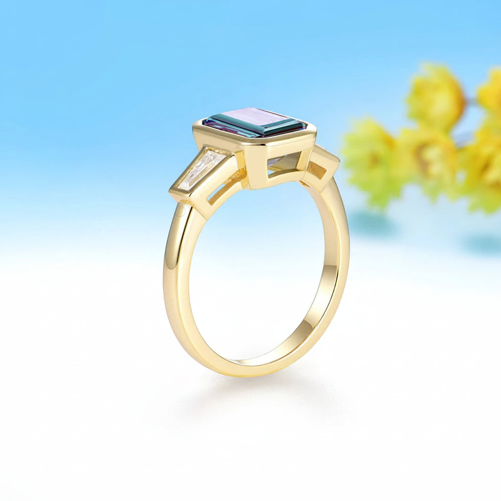 Émeraude Alexandrite Emerald Cut Ring – violet tone under candlelight