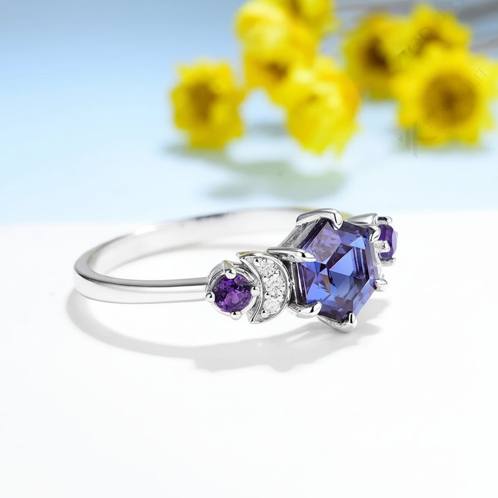 Hexagone Alexandrite Moissanite Ring – violet tone under candlelight