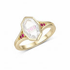 Portrait Ruby Moissanite Ring – top view of portrait frame setting