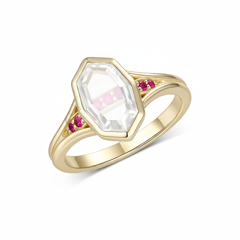 Portrait Ruby Moissanite Ring – top view of portrait frame setting
