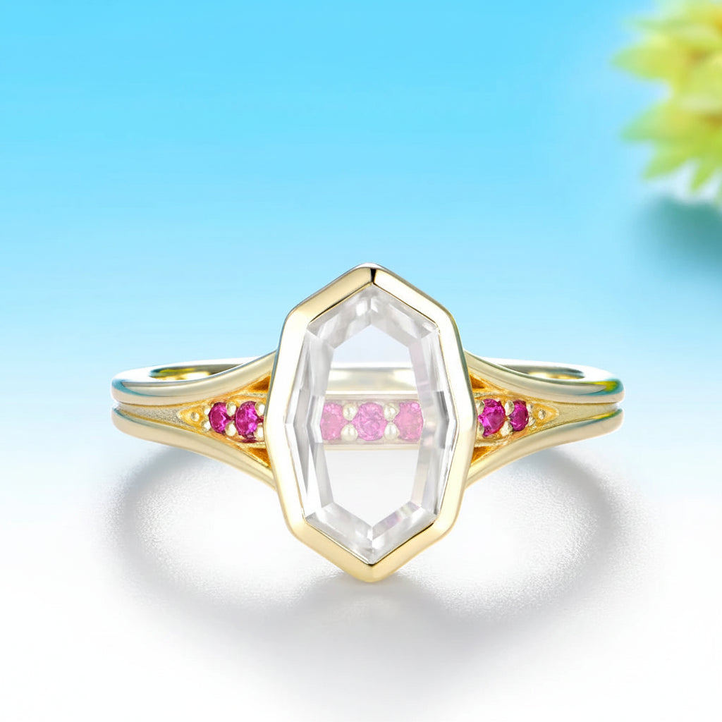 Portrait Ruby Moissanite Ring – close-up of ruby and moissanite