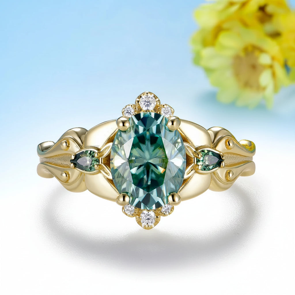 Vague Ovale 2CT Cyan Moissanite Ring